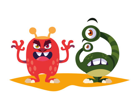 funny monsters couple comic characters colorful vector illustration design
