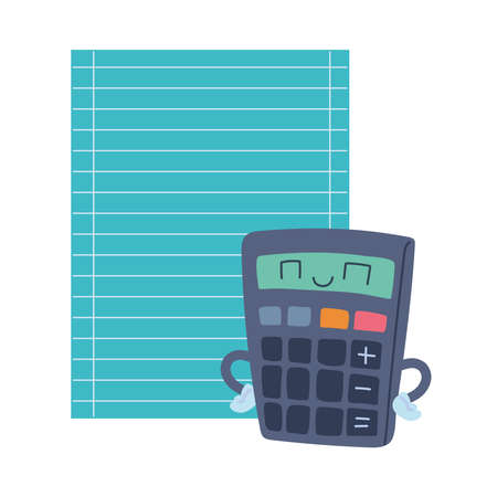 calculator and paper sheet with happy face cartoon, school supplies vector illustration designのイラスト素材
