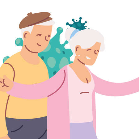 elderly couple smiling and virus covid-19 vector illustration designのイラスト素材