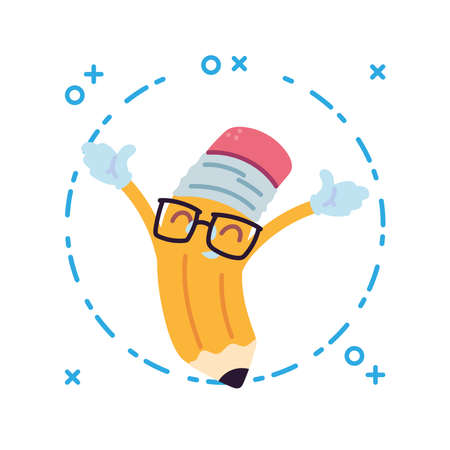 school pencil with happy face cartoon, school supplies vector illustration designのイラスト素材