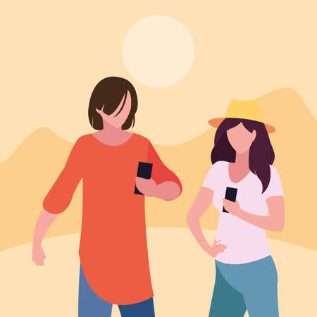 man and woman characters using smartphone vector illustrationのイラスト素材