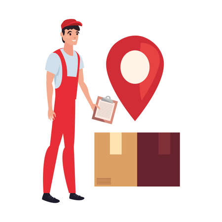 man with clipboard and cardboard box navigation pin fast delivery logistic vector illustrationのイラスト素材