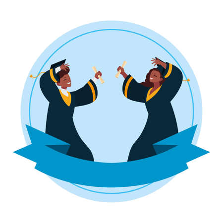 afro couple students graduated celebrating vector illustration designのイラスト素材