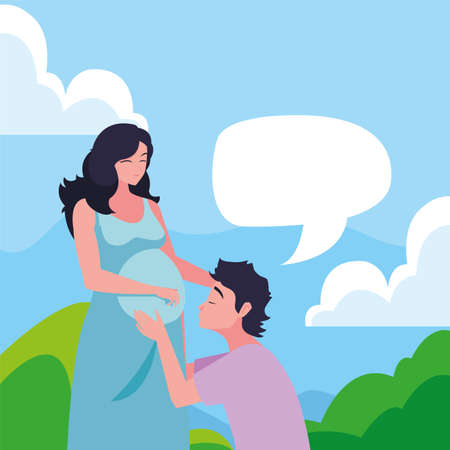 man hugs a pregnant woman talking outdoors - pregnancy and maternity vector illustrationのイラスト素材