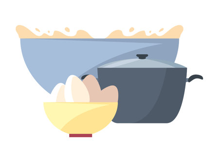 bowl with flour eggs and pot preparation cooking vector illustrationのイラスト素材