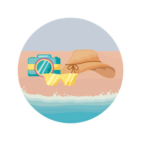 hat female with sunglasses and camera in beach vector illustration designのイラスト素材
