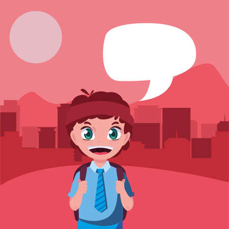 school boy with bag talk bubble city background vector illustrationのイラスト素材