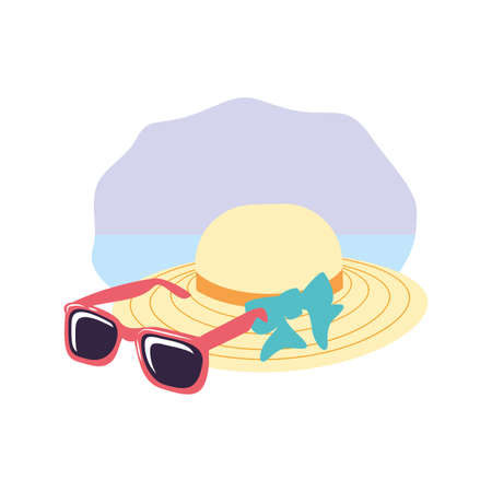 hat female wicker in the beach with sunglasses vector illustration designのイラスト素材