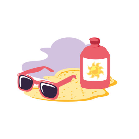 solar blocker bottle in the beach with sunglasses vector illustration design