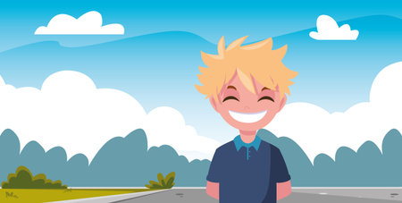 happy young boy in the landscape vector illustrationのイラスト素材