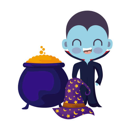 cute boy disguised of vampire with icons halloween vector illustration designのイラスト素材