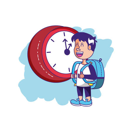 cute little student boy with bag school and clock vector illustration designのイラスト素材