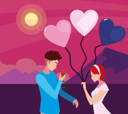couple love balloon flower romantic vector illustrationのイラスト素材