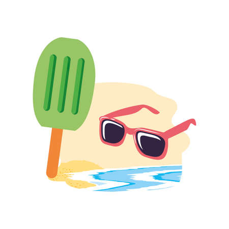 ice cream with stick in the beach and sunglasses vector illustration designのイラスト素材