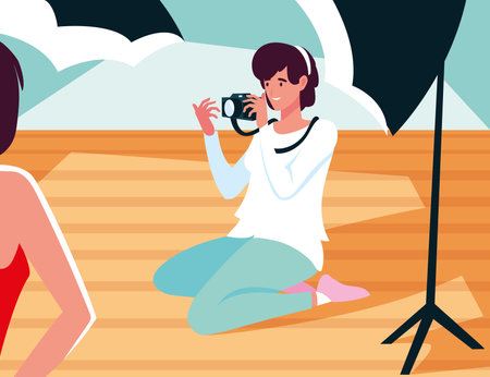 woman with camera in photo studio vector illustration design