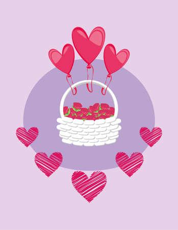 Hearts balloons with basket design of Happy valentines day love passion romantic wedding decoration and marriage theme Vector illustrationのイラスト素材