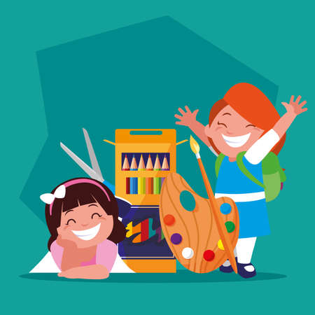 student girls with school supplies , back to school vector illustration designのイラスト素材