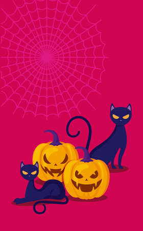 pumpkins with cat in halloween scene vector illustrationのイラスト素材