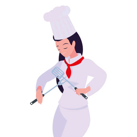 woman chef with fork and skimmer cooking vector illustrationのイラスト素材