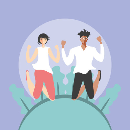 young couple celebrating in the landscape vector illustration designのイラスト素材