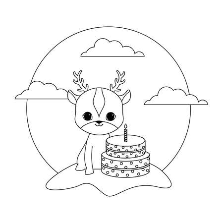 cute reindeer animal with cake of birthday vector illustration designのイラスト素材