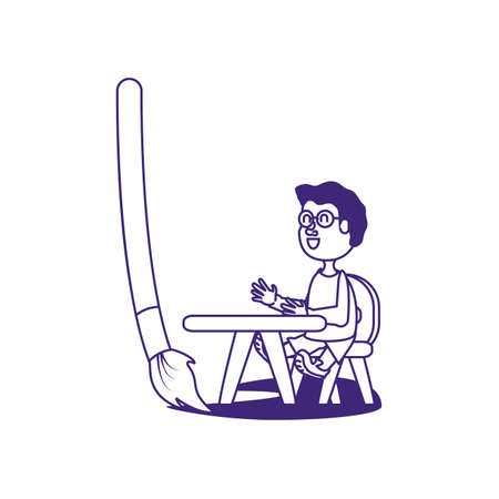 cute little student boy with paint brush vector illustration designのイラスト素材