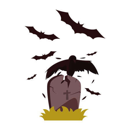 gravestone raven bats happy halloween celebration design vector illustrationのイラスト素材