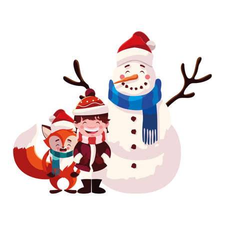 card of christmas with boy and animals in white background vector illustration designのイラスト素材