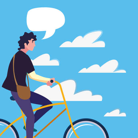 man talk bubble riding bicycle activity sky background vector illustrationのイラスト素材