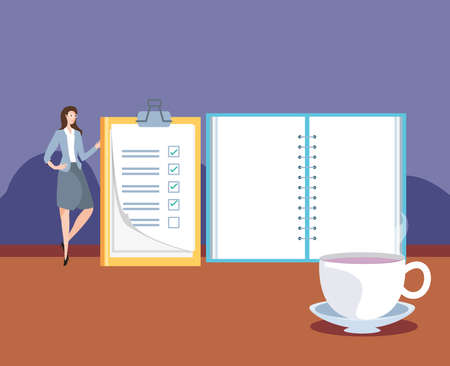 mini business woman with checklist in the workplace vector illustration designのイラスト素材