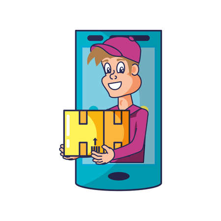 worker delivery service with box in smartphone vector illustration designのイラスト素材