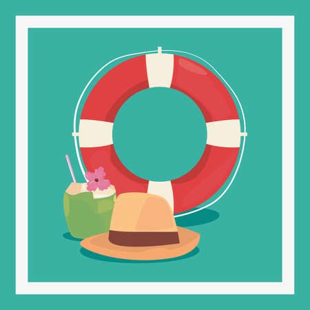 summer time holiday hat lifebuoy cocktail vector illustrationのイラスト素材