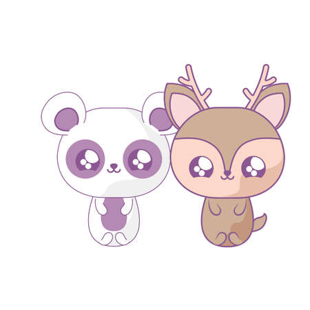 cute reindeer with panda bear baby animals kawaii style vector illustration designのイラスト素材