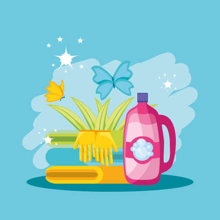 housekeeping tools with gloves and bottle product vector illustration designのイラスト素材