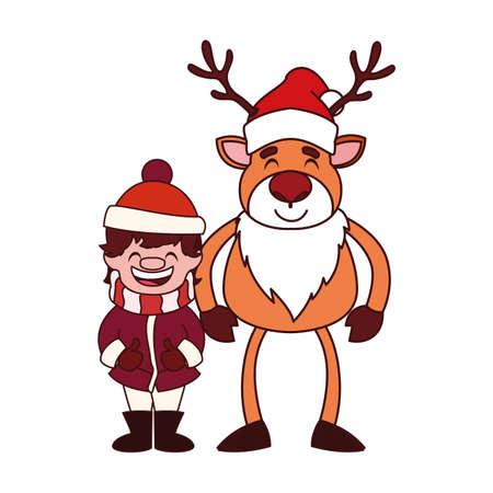 boy and reindeer with hat and scarf in white background vector illustration designのイラスト素材