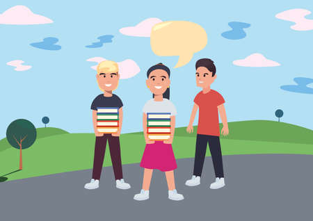 boys and girl with books talk bubble back to school vector illustrationのイラスト素材