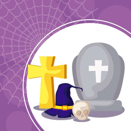 tombstone with set icons in scene halloween vector illustration designのイラスト素材