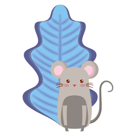 cute mouse and decorative frame and tropical leaves over purple background, colorful design, vector illustrationのイラスト素材