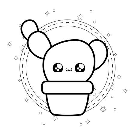 cactus tropical in pot plant with frame kawaii style vector illustration designのイラスト素材