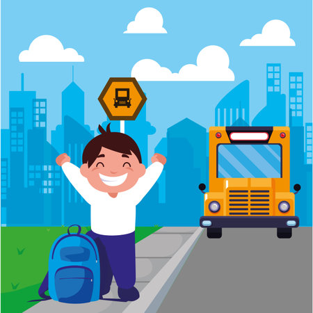 student boy at the bus stop with background city vector illustration design