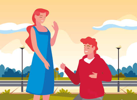 man kneeling with woman holding hand outdoors background vector illustrationのイラスト素材