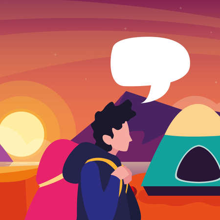 man camp tent landscape talk bubble vector illustrationのイラスト素材
