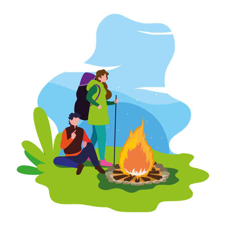 man and woman with bonfire camping hiking landscape vector illustrationのイラスト素材