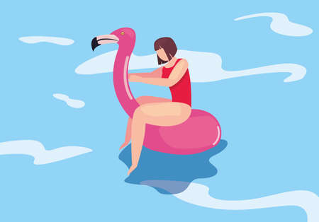 woman with flamingo float summer time vacations design vector illustrationのイラスト素材