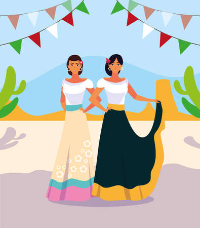 women with mexican typical costume costume vector illustration designのイラスト素材
