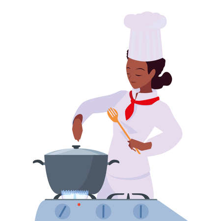 woman chef food pot soup preparation cooking vector illustrationのイラスト素材