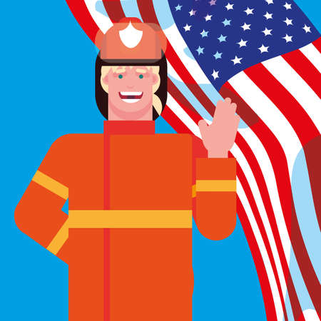 firefighter professional with flag usa vector illustration designのイラスト素材