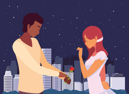 man giving flower a woman romantic in the city vector illustrationのイラスト素材
