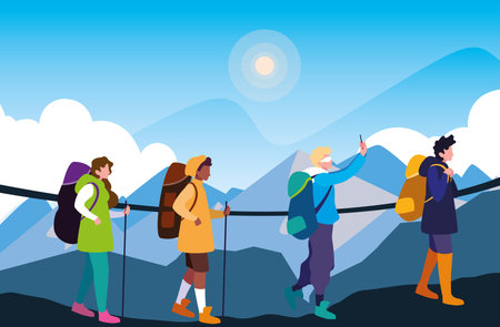 campers in beautiful landscape scene with suspension bridge vector illustration design