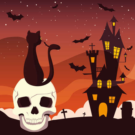 Castle skull and cat design, Halloween holiday horror scary celebration autumn dark and party theme Vector illustrationのイラスト素材